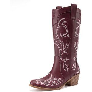 Women's Red Embroidered Western Cowgirl Pointed Toe Chunky Heel Mid Calf Boots